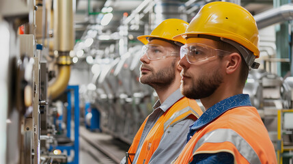 two factory workers monitoring the production isolated on white background, space for captions, png