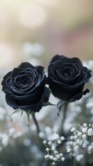 Canvas Print - Two black roses blooming with baby's breath flowers