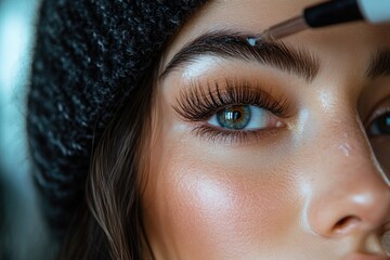 beautician applying eyebrow treatment on young woman