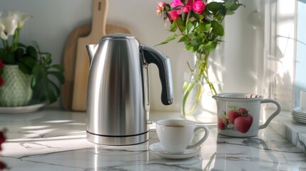 Wall Mural - Stainless Steel Electric Kettle, Teacup, and Pitcher on a Marble Countertop