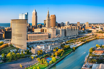 aerial view of cleveland, ohio skyline at sunset. cleveland is a major city in the u.s. state of ohi