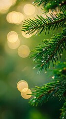 Canvas Print - Fresh green pine branch with dew drops and bokeh lights