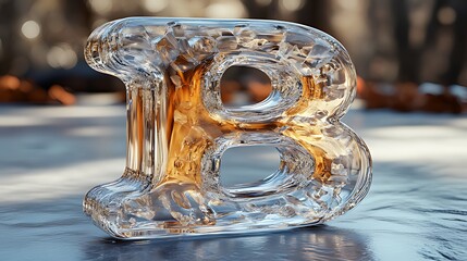 a close-up of an ice letter b with a blurry background of fall foliage.