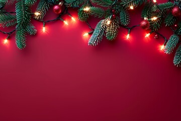 Wall Mural - Pine branches with string lights and baubles on a vibrant red background, creating a festive Christmas border perfect for holiday designs.