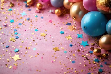 A festive arrangement of colorful balloons and sparkling decorations on a pink background.