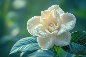 Canvas Print - A close-up of a luminous white flower with green leaves in a soft, serene background.