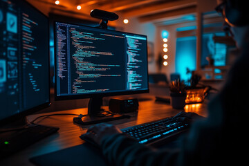person is typing on a computer with two monitors, one of which is displaying a black screen with code. Concept of focus and concentration as the person works on their computer
