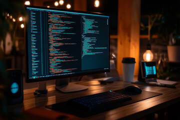 person is typing on a computer with two monitors, one of which is displaying a black screen with code. Concept of focus and concentration as the person works on their computer
