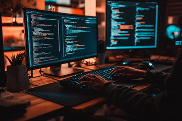 person is typing on a computer with two monitors, one of which is displaying a black screen with code. Concept of focus and concentration as the person works on their computer