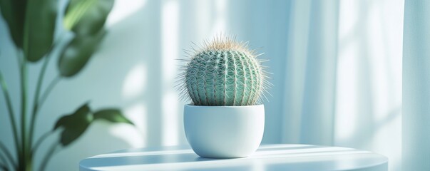 Poster - Small cactus standing on table by window light