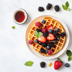 Poster - Delicious waffles topped with fresh berries and syrup. Perfect for breakfast or brunch. This image captures a vibrant and appetizing scene. Enjoy the colors and textures. AI