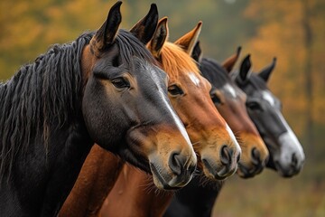 Close-up of Four Horses' Heads Against a Blurred Autumn Background