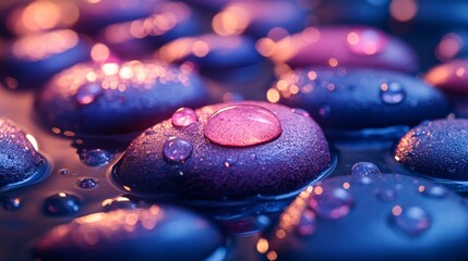 Poster - Water droplets reflecting pink and orange light on wet stones