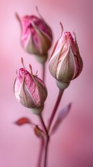 Poster - Pink rosebuds emerging on a soft pink background