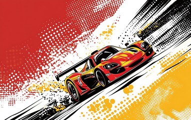 A red and yellow race car speeding on a white background with a red and black dotted pattern.