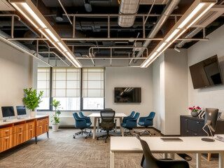 A large open office space with a lot of natural light and a few potted plants. The room is filled with blue chairs and desks, and there are two TVs mounted on the wall