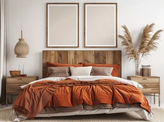 Modern bedroom interior with two empty frames mockup on the wall. wooden headboard. nightstands. orange blanket and pampas grass in a vase