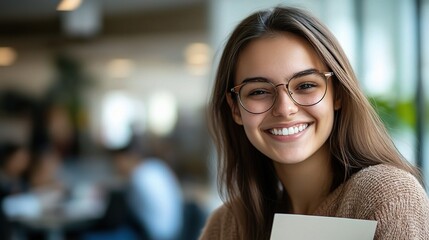 Wall Mural - Smiling Woman Holding Paper in Modern Workspace