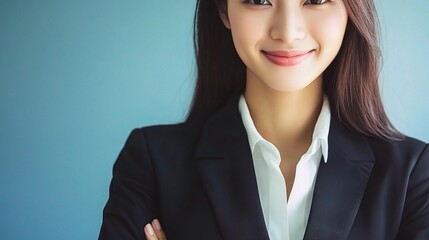 Poster - Professional Woman in Black Suit Smiling Confidently