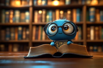 Wall Mural - A cute, blue character with glasses sits on an open book in a library setting.