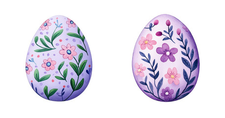 Wall Mural - A collection of two intricately decorated Easter eggs with floral designs, isolated on a transparent background, symbolizing springtime celebration