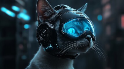 Wall Mural - Futuristic cat wearing virtual reality headset in cyberpunk city