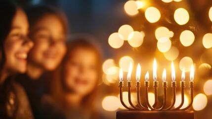 Wall Mural - Family Celebrating Joyful Moments with Menorah Lights