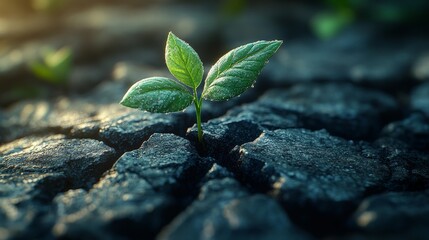 Wall Mural - Small plant growing through cracked asphalt at sunset