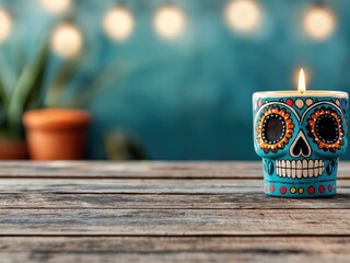 Burning candle inside a skull shaped candle holder standing on a rustic wooden table with a blue wall and string lights in the background celebrating the day of the dead