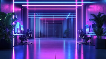 Sticker - Modern Office Space with Neon Lights and Plants