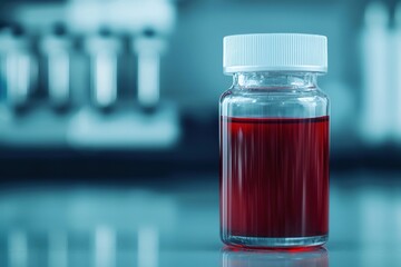 Bottle containing red liquid sitting on table in laboratory