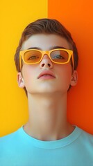 Portrait of a stylish individual wearing yellow sunglasses and a light blue t-shirt; against a vibrant two toned backdrop of yellow and orange, creating a striking visual contrast for eyewear ads