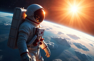 Wall Mural - a man in a spacesuit in space in zero gravity and looks at the sky in the sky a bright star