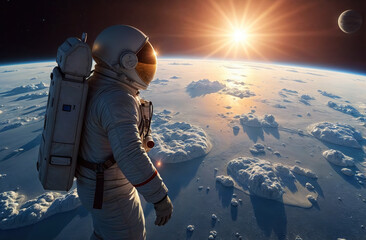 Wall Mural - man astronaut in a spacesuit in space in zero gravity and looking into space
