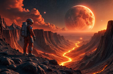 Wall Mural - astronaut in red spacesuit on unknown hot planet with rivers of burning lava