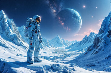 Wall Mural - astronaut in white spacesuit on uncharted ice planet with high ice mountains and rocks
