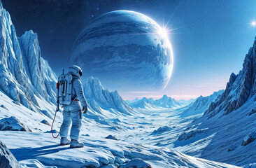 Wall Mural - astronaut in white spacesuit on uncharted ice planet with high ice mountains and rocks