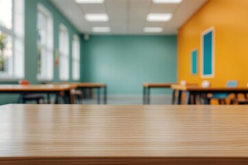 Aufkleber - Empty wooden classroom table with a bright, modern design perfect for study and creativity, ideal for back to school concept