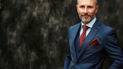 Wall Mural - Confident Businessman in Stylish Suit Against Dark Background