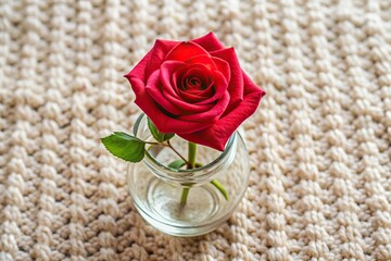 Wall Mural - A delicate rose in a vase with a knitted background