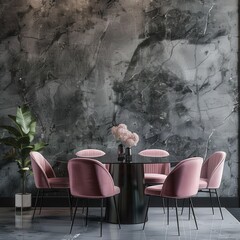 A modern dining room with a round black table. four pink velvet chairs. a marble wall. and a leafy plant