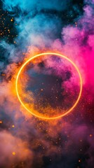 Wall Mural - glowing neon circle illuminating vibrant smoke and glitter particles