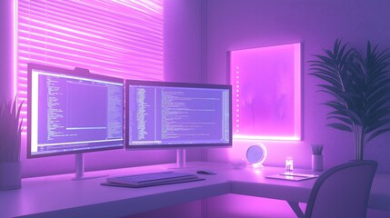 Neon-lit workspace with dual monitors showing responsive web design, coding environment, modern developer setup.