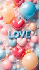 Poster - Pastel colored balloons and heart shaped balloons forming the word love