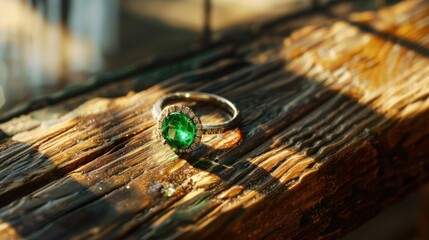 Wall Mural - emerald engagement ring on rustic wooden surface