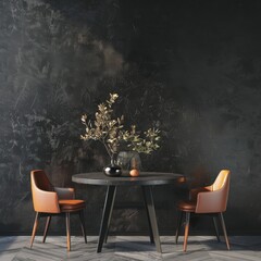 A minimalist dining room with a round table and two chairs. a vase with branches. and a dark grey wall