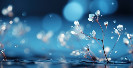 Canvas Print - Delicate branches with droplets in a serene blue background, creating a tranquil atmosphere.