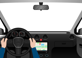 Man Driving Inside a Car. Driver's View from Inside a Car. Car Interior with Steering Wheel and Car Dashboard. Vector Illustration.