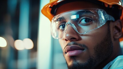 Aufkleber - A construction worker with safety glasses and a hard hat concentrates on his work at a bustling construction site in bright daylight. Generative AI