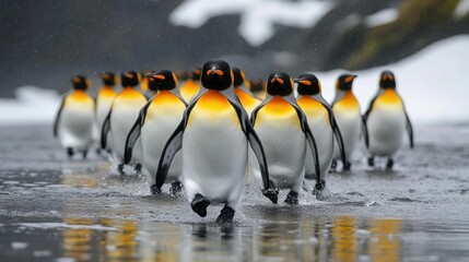 A variety of emperor penguins march across a snow-covered landscape, splashing through shallow water while the snowy atmosphere surrounds them, capturing the essence of their habitat